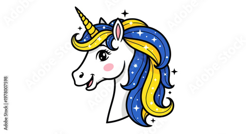 Magical Unicorn Head with Starry Mane - Fantasy Creature Illustration