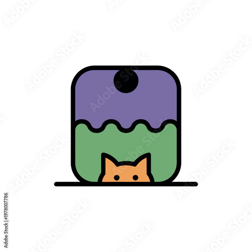 Cute Cat Peeking Out of Green and Purple Box Illustration