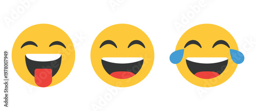 Laugh emoji icon set, generic style smiling and laughing face emoticons, LOL and laughter concept vector illustration