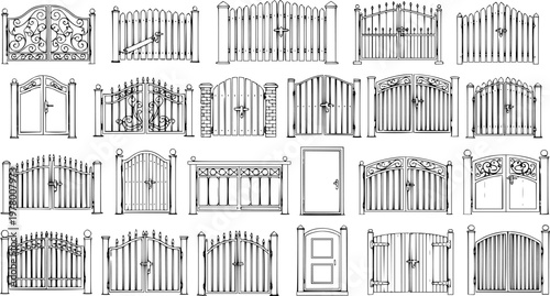 Collection of Hand-Drawn Gates  Doors: Ornate Metal, Classic Wood, Rustic  Modern Designs - Perfect for Architecture, Security  Fence Concepts