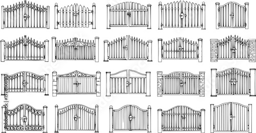 Collection of Hand-Drawn Gates: Ornamental, Metal, and Wood Designs