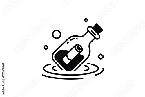 A black and white illustration of a message bottle floating in water