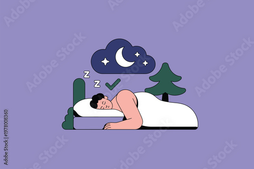 A man sleeps peacefully in bed under a starry night sky with a crescent moon