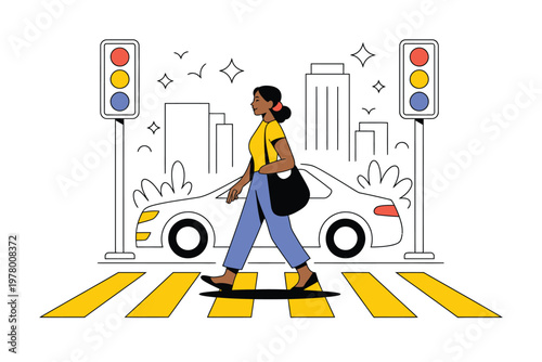 A woman in a yellow shirt crossing a city street with traffic lights