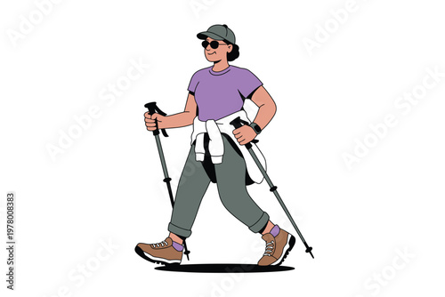 A woman wearing sunglasses and a cap is walking with trekking poles in her hands.