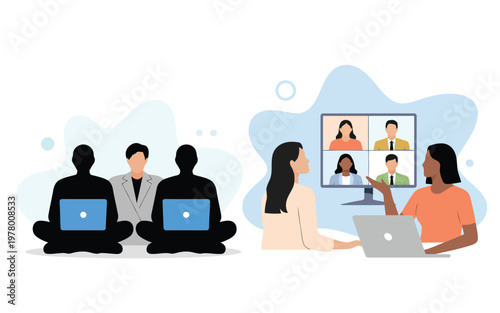 Several people utilize laptops for work and participate in an engaging virtual team meeting