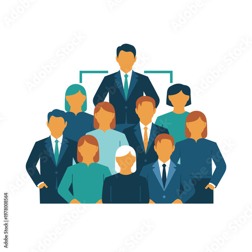 Diverse team of professionals gathered together in a hierarchical structure