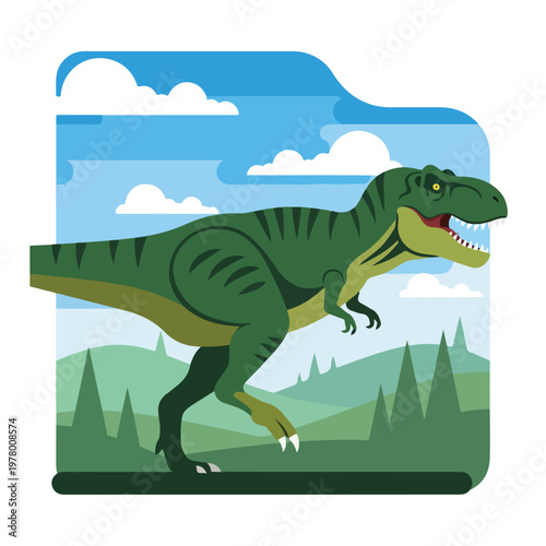 A green Tyrannosaurus Rex dinosaur in a cartoon flat design style.