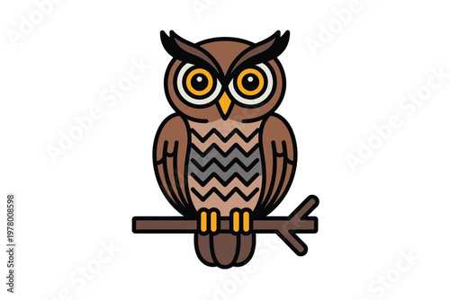 A cartoon owl perched on a branch with a white background looking directly forward