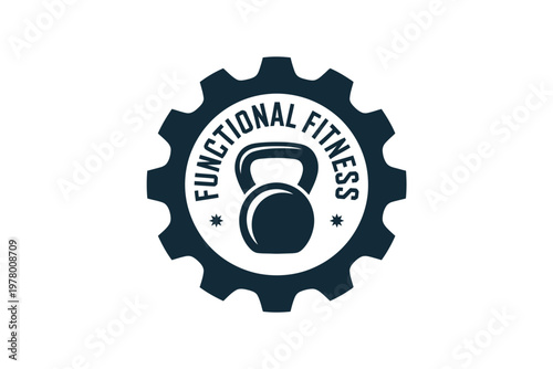 A functional fitness logo with a kettlebell and gear on a white background
