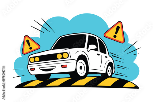 A cartoon white car drives on a black and yellow road with warning signs