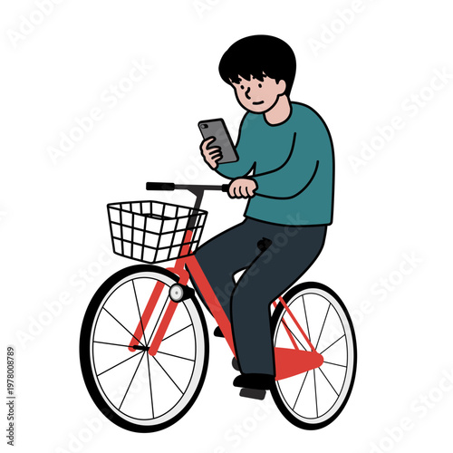 スマホを見ながら自転車の運転をする人物の交通安全啓発用ベクターイラスト