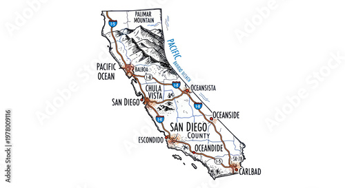 San Diego County California Map with Pacific Ocean and Mountains