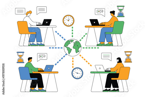 Four people working remotely on laptops connected globally with clocks and hourglasses