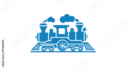 Vintage Steam Train Silhouette Icon, Blue Color, Isolated on White Background