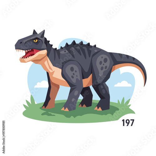Cartoon illustration of a ferocious Carnotaurus dinosaur.