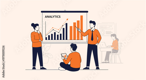 Business people analyzing data in orange shirts with bar chart presentation in minimalist office setting for marketing