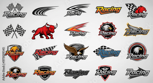 Collection of racing emblems and logos with checkered flags and animals.