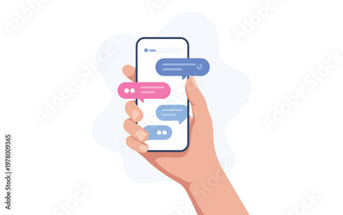 This image shows a human hand holding a modern smartphone displaying various colorful chat message bubbles