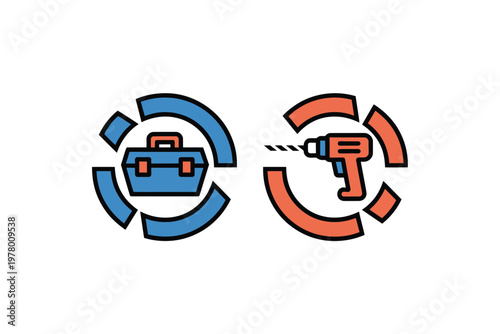 A graphic illustration of a briefcase and drill in circular arrows on a white background