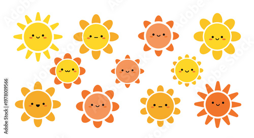 sun, character, cute Smiling Sun Icons, Yellow Orange Sunshine Symbols, Cartoon Solar Emblems, Vector Smiley Faces isolated on White Background mascot, summer