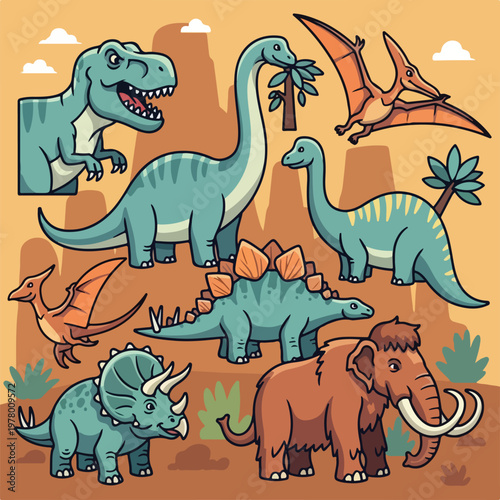 Cartoon prehistoric dinosaur collection including trex stegosaurus and woolly mammoth.