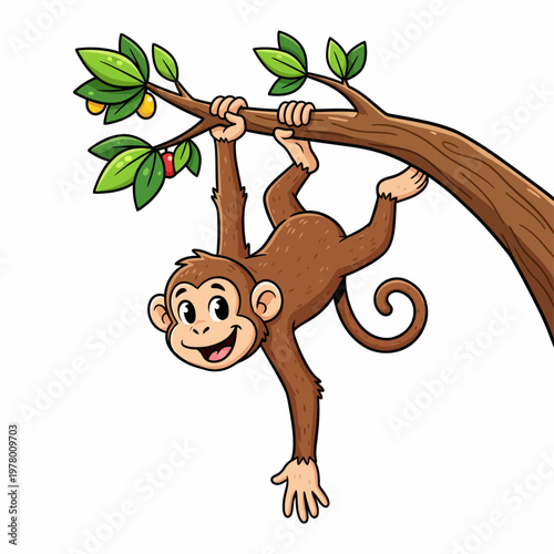 A cheerful cartoon monkey is hanging from a tree branch with green leaves, enjoying its time in nature