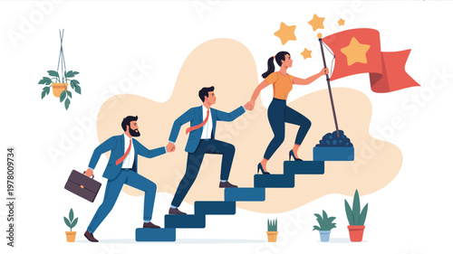 Three determined business professionals climb a staircase towards a red flag symbolizing success and achievement