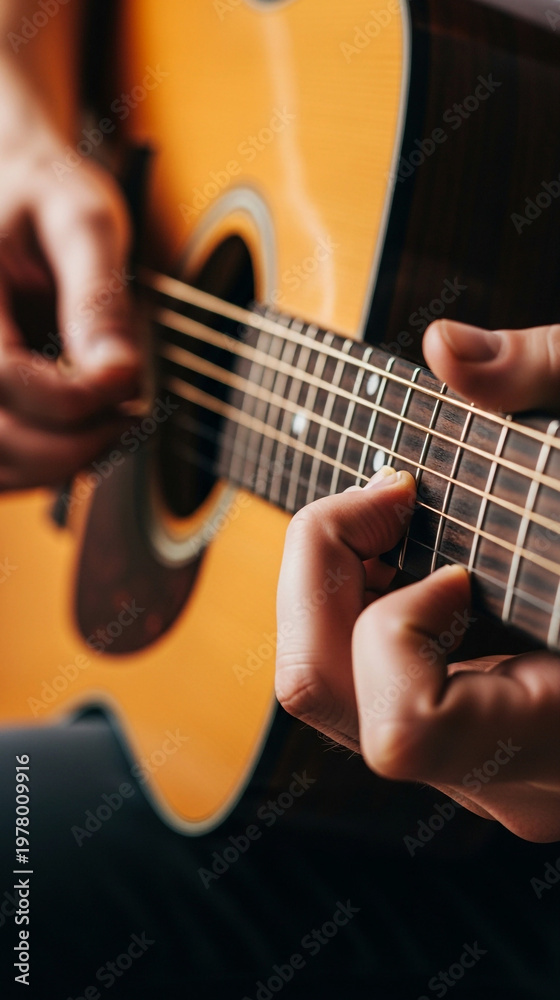 Obraz premium Close-up of a person playing an acoustic guitar, focusing on hands and strings