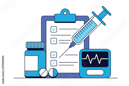 A medical illustration of a clipboard with a syringe and pills on a white background