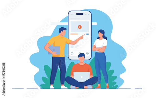 Three people interact with a large smartphone app displaying video content and user interface elements