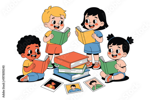 Four diverse children happily reading books together on the floor with polaroids