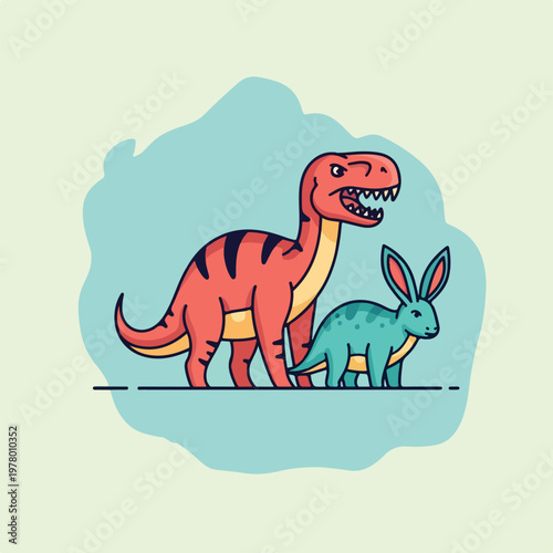 Cartoon Illustration of a Fierce Red Dinosaur and a Small Green RabbitLike Creature.