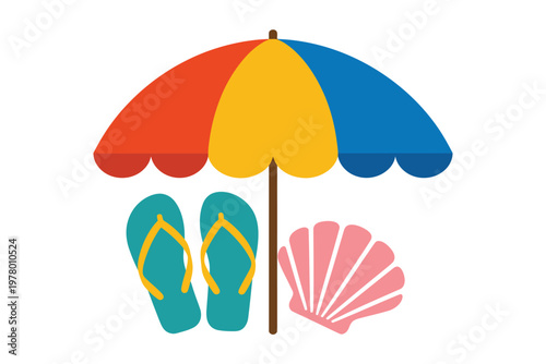 A colorful beach umbrella with flip flops and a seashell on the sand