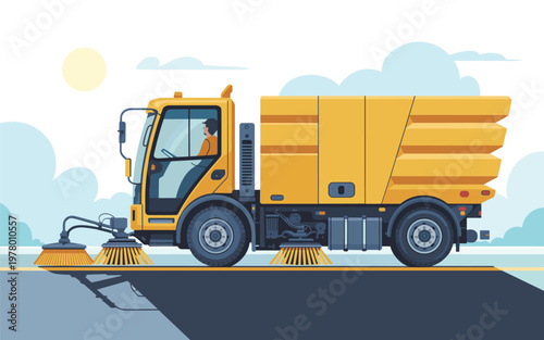 A yellow street sweeper truck cleans the road on a sunny day with clouds