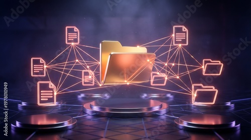 A central golden folder connects with glowing neon lines to a network of document and folder icons above platforms.