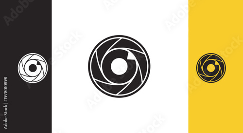 Abstract Aperture Icon - Camera Lens Symbol with Black, White, and Yellow Backgrounds