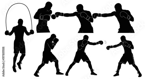 Boxing Silhouette Set: Training, Jumping Rope, Punching - Dynamic Action Poses