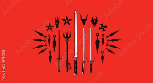 Collection of Japanese Ninja Weapons and Samurai Swords on Red Background