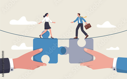 Two business professionals walk a tightrope across connecting puzzle pieces held by hands in a collaboration scene