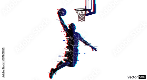 Dynamic Basketball Player Dunking with Glitch Effect - Abstract Silhouette