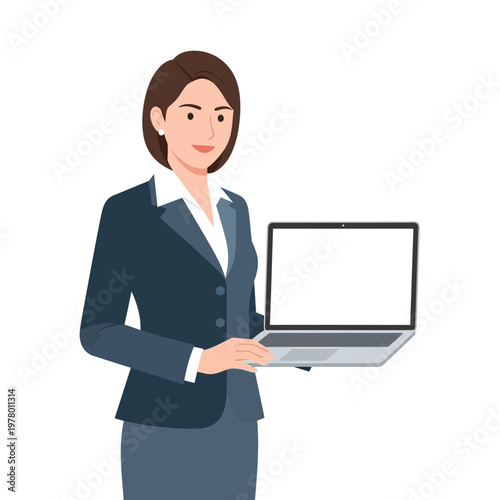 Businesswoman holding a laptop, presenting blank screen for copyspace, professional office attire