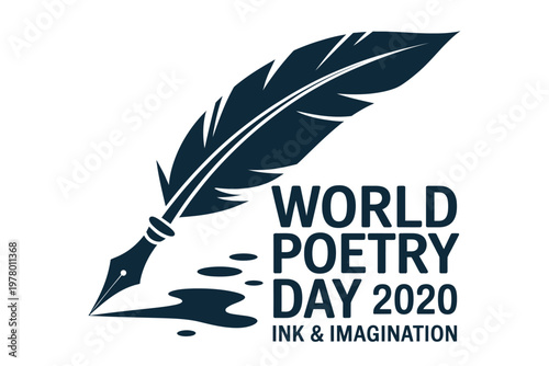A logo for World Poetry Day 2020 featuring a feather quill and ink