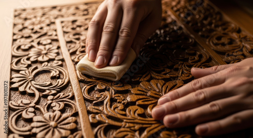 Craftsman Applying Finish to Intricately Carved Wooden Panel.