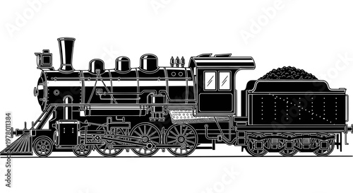 Vintage Steam Locomotive Train, Black and White Vector Illustration