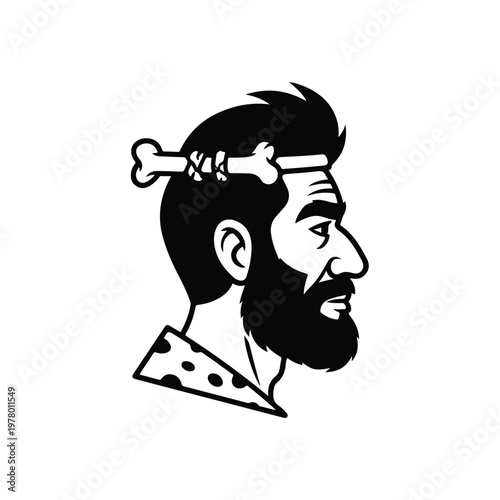 Black and white profile portrait of a caveman wearing a bone in his hair.