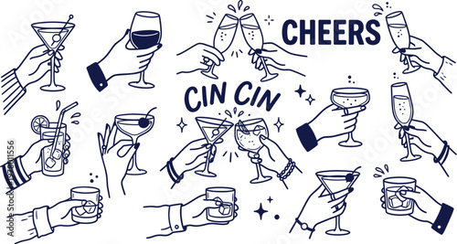 A set of hands holding and toasting various cocktail glasses with cheers and cin cin text on white background