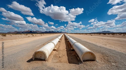 Pipeline in the Desert: A long pipeline stretches into the vast desert, flanked by a road, under a sky adorned with fluffy clouds, symbolizing infrastructure and industry amidst arid landscapes.