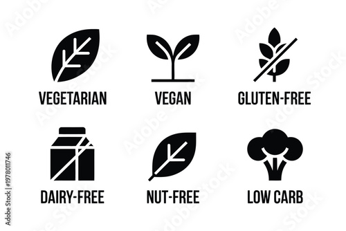 A graphic illustration of various dietary labels and icons on a white background