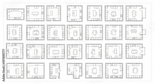 Architectural floor plans of various rooms and buildings.